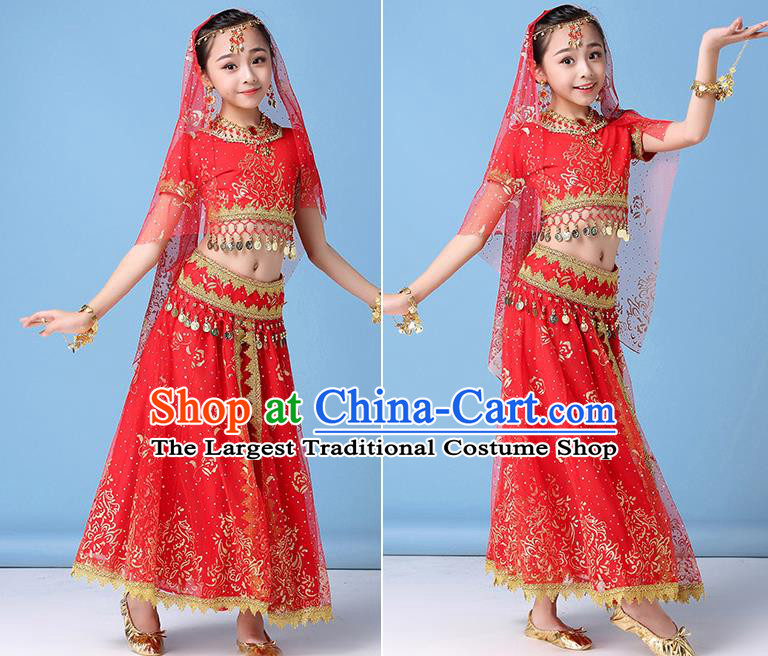 Indian Bollywood Performance Top and Skirt Children Dance Clothing Girls Belly Dance Red Uniforms