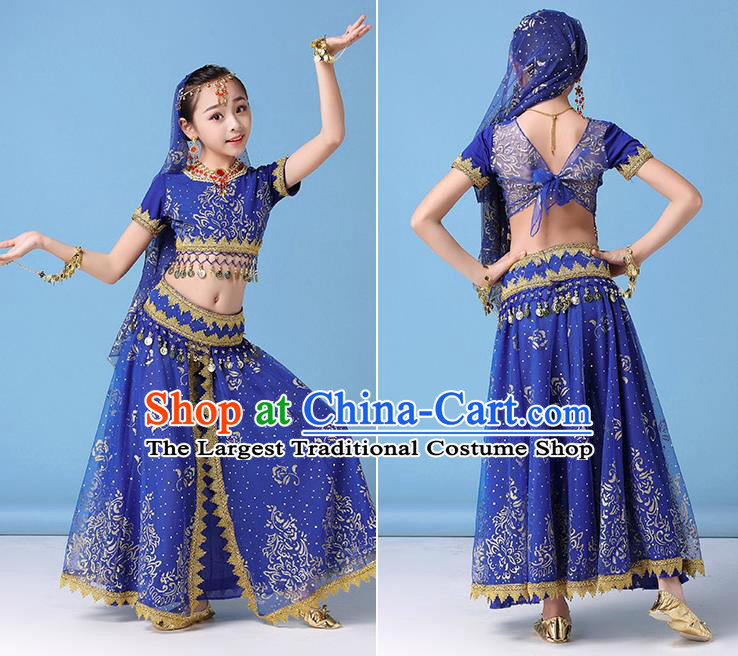 Indian Children Dance Clothing Girls Belly Dance Royalblue Uniforms Bollywood Performance Top and Skirt