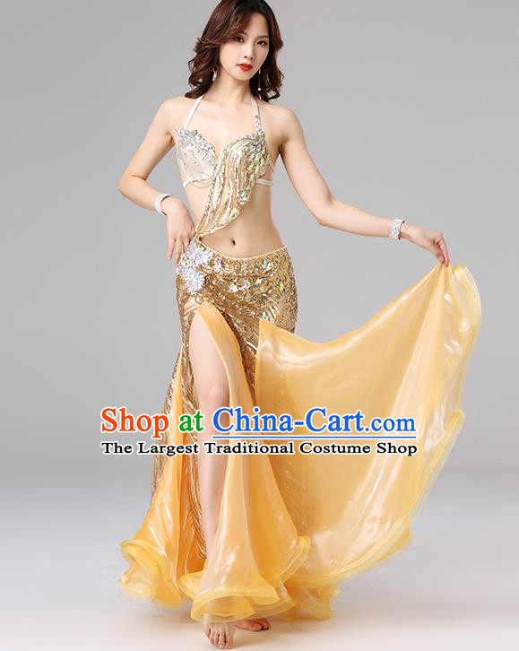 Asian Oriental Dance Performance Costume Professional Indian Belly Dance Bra and Golden Skirt