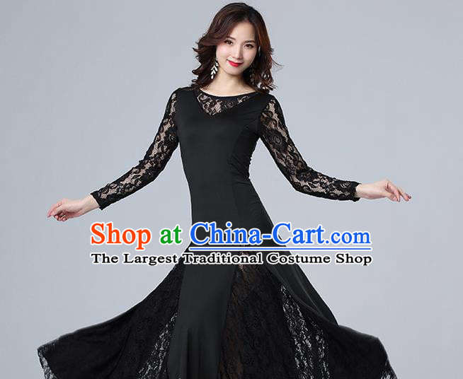 Top Modern Dance Clothing Ballroom Waltz Dance Black Lace Dress Stage Performance Fashion
