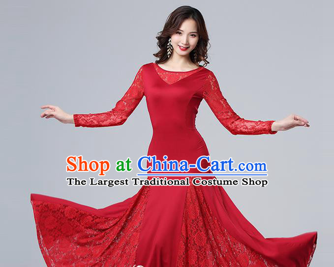 Top Stage Performance Fashion Modern Dance Clothing Ballroom Waltz Dance Red Lace Dress
