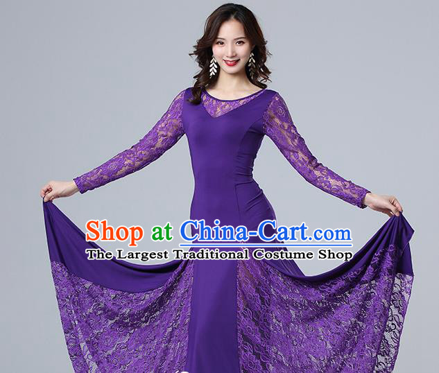Top Ballroom Waltz Dance Purple Lace Dress Stage Performance Fashion Modern Dance Clothing