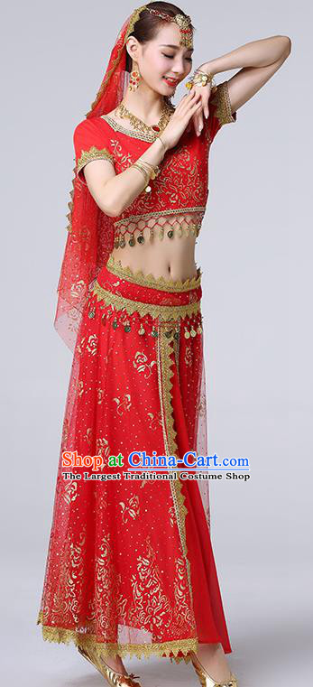 Indian Dance Performance Clothing Belly Dance Uniforms Bollywood Tianzhu Lady Red Blouse and Skirt