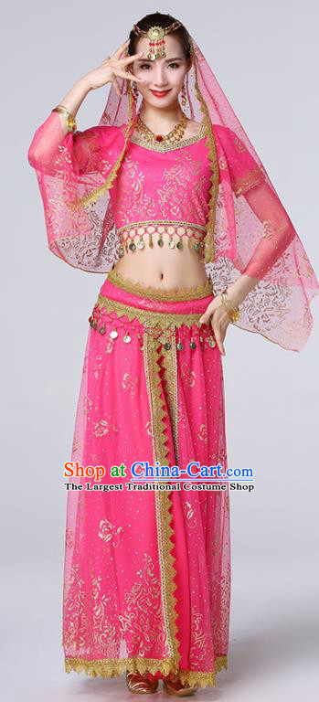 Indian Bollywood Tianzhu Lady Rosy Blouse and Skirt Dance Performance Clothing Belly Dance Uniforms