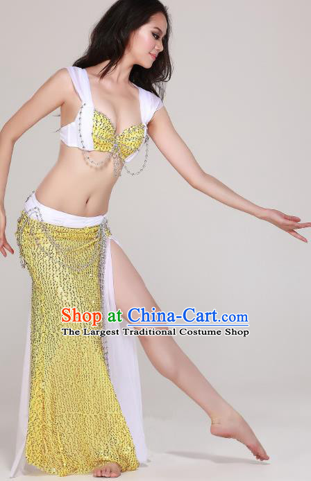 Asian Oriental Dance Performance Costume Professional Indian Belly Dance Bra and Yellow Sequins Skirt