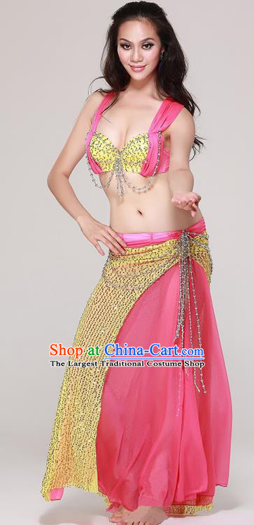 Professional Indian Belly Dance Bra and Sequins Rosy Skirt Asian Oriental Dance Performance Costume