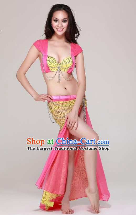 Professional Indian Belly Dance Bra and Sequins Rosy Skirt Asian Oriental Dance Performance Costume