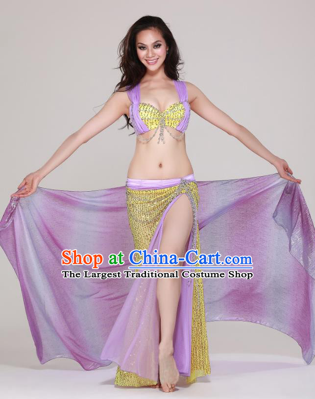 Asian Oriental Dance Apparels Stage Performance Costume Professional Indian Belly Dance Bra and Sequins Lilac Skirt