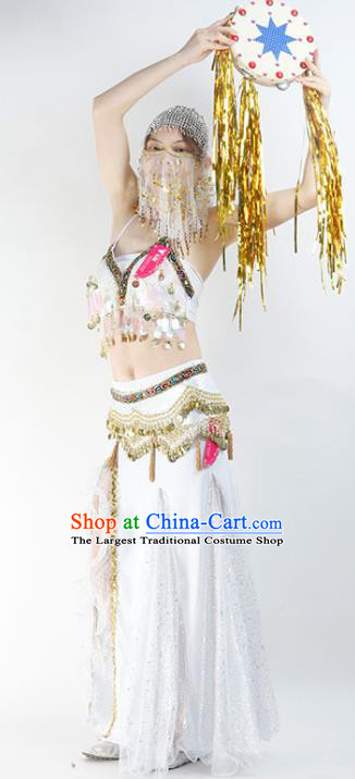 Indian Bollywood Dance Performance Clothing Belly Dance White Uniforms Tianzhu Princess Tassel Bra and Skirt