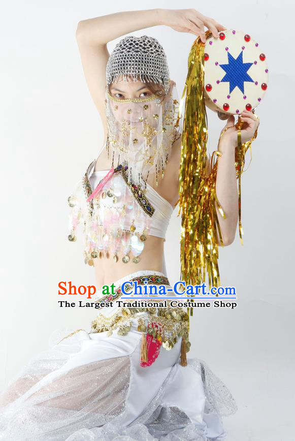 Indian Bollywood Dance Performance Clothing Belly Dance White Uniforms Tianzhu Princess Tassel Bra and Skirt