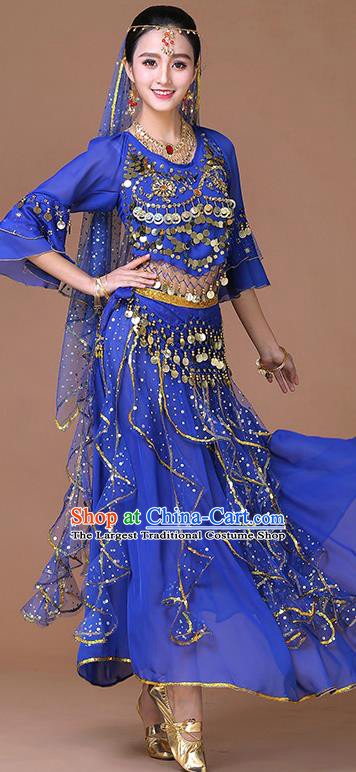 Indian Sexy Dance Clothing Belly Dance Training Royalblue Uniforms Bollywood Dance Sequins Blouse and Skirt