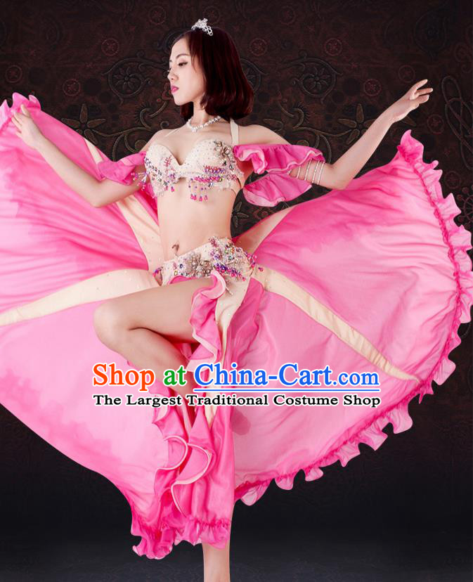 Asian Raks Sharki Performance Uniforms Indian Oriental Dance Bra and Pink Skirt Belly Dance Costumes
