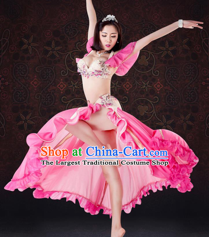 Asian Raks Sharki Performance Uniforms Indian Oriental Dance Bra and Pink Skirt Belly Dance Costumes