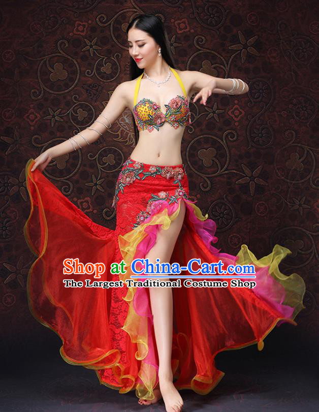 Indian Belly Dance Costumes Oriental Dance Bra and Red Lace Skirt Asian Raks Sharki Performance Uniforms