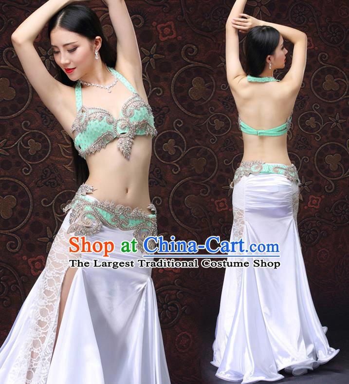 Asian Oriental Dance Green Bra and White Skirt Indian Performance Uniforms Belly Dance Costumes