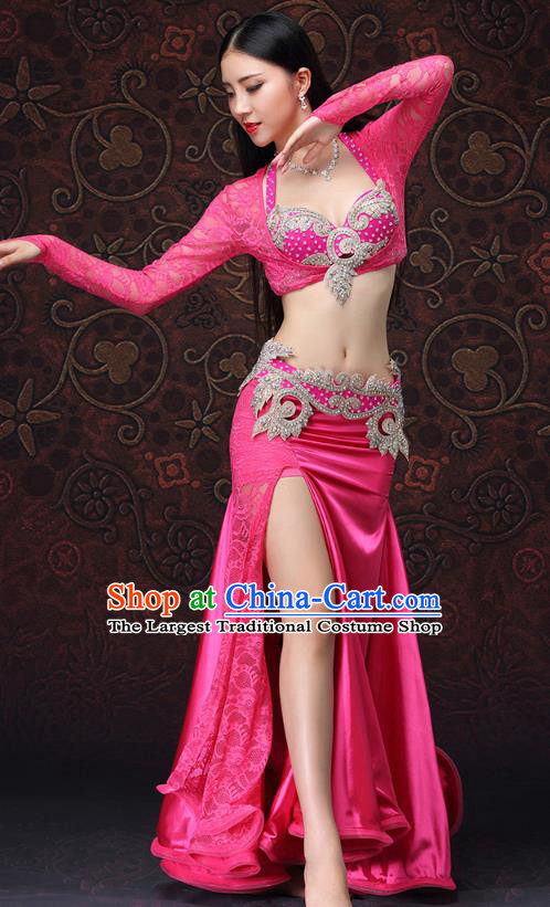 Asian Belly Dance Costumes Oriental Dance Green Bra and Rosy Lace Skirt Indian Performance Uniforms