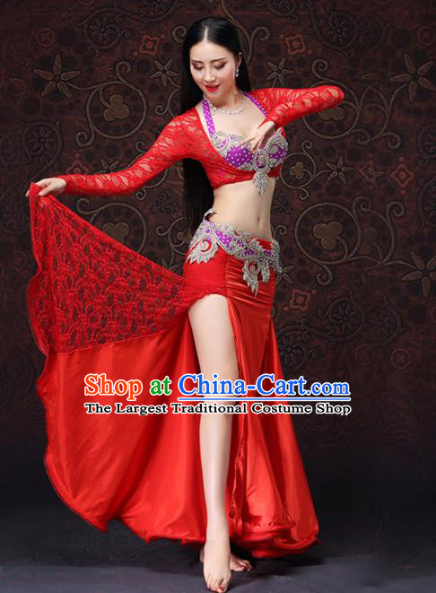 Indian Performance Uniforms Asian Belly Dance Costumes Oriental Dance Bra and Red Lace Skirt