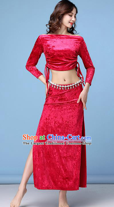 Asian Oriental Dance Rosy Velvet Apparels Stage Performance Costume Professional Indian Belly Dance Blouse and Skirt