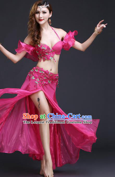 Asian Belly Dance Training Costumes Indian Oriental Dance Rosy Bra and Skirt Uniforms