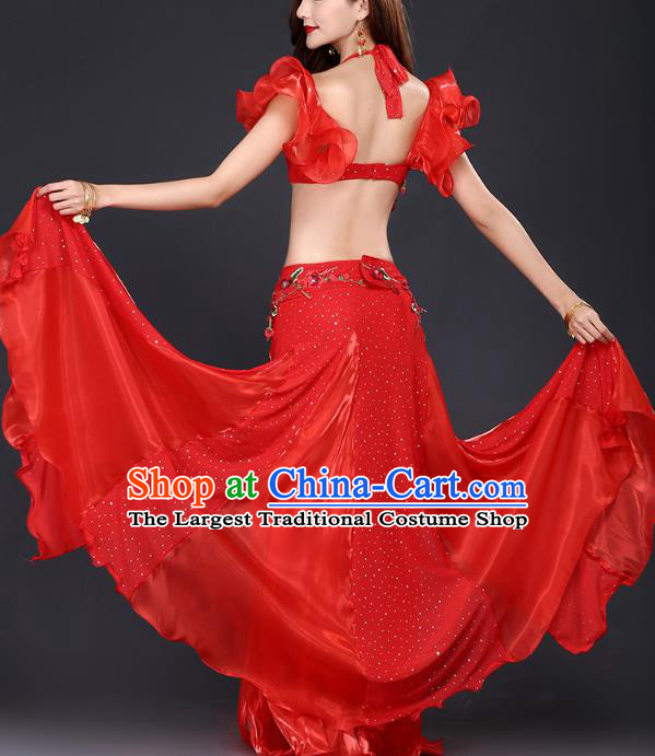 Indian Oriental Dance Red Bra and Skirt Uniforms Asian Belly Dance Training Costumes