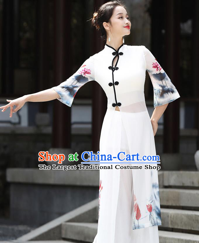 China Stage Performance Dancewear Classical Dance Clothing Ink Painting Lotus White Top Dress