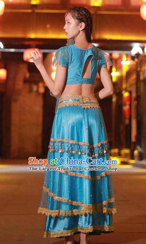 Indian Jasmine Princess Blue Sequins Blouse and Skirt Traditional Belly Dance Uniforms Asian Bollywood Performance Clothing