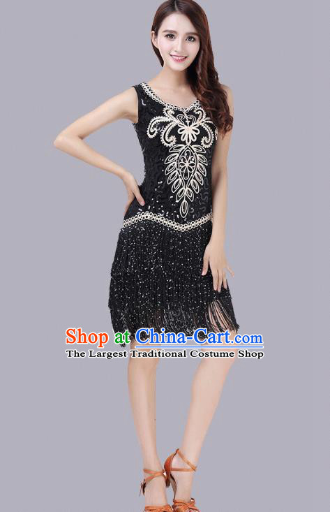 Top Stage Performance Dancewear Modern Dance Competition Clothing Latin Dance Black Tassel Dress