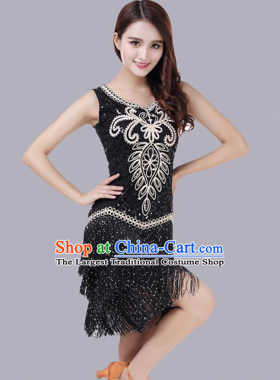 Top Stage Performance Dancewear Modern Dance Competition Clothing Latin Dance Black Tassel Dress