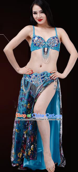 Asian Stage Performance Uniforms Indian Belly Dance Costumes Oriental Dance Blue Bra and Skirt