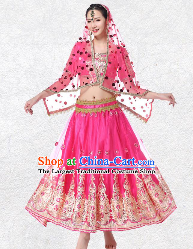 Asian Performance Costume Embroidered Rosy Blouse and Skirt Indian Bollywood Dance Dress Belly Dance Clothing