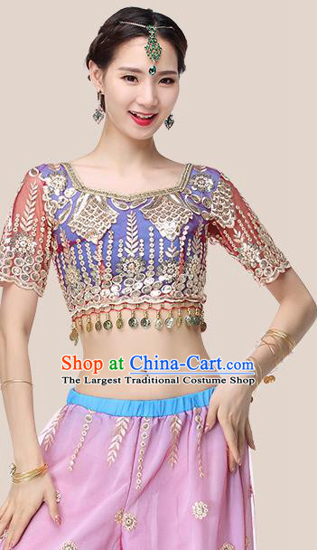 Indian Stage Performance Blue Blouse and Pink Pants Traditional Dance Dress Asian Belly Dance Costume