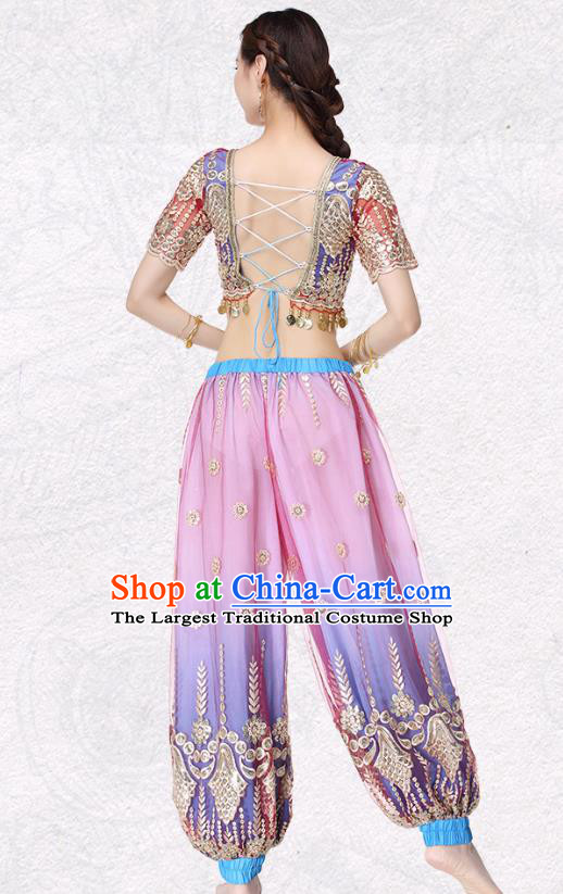 Indian Stage Performance Blue Blouse and Pink Pants Traditional Dance Dress Asian Belly Dance Costume