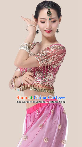 Asian Belly Dance Costume Indian Stage Performance Pink Blouse and Pink Pants Traditional Dance Dress
