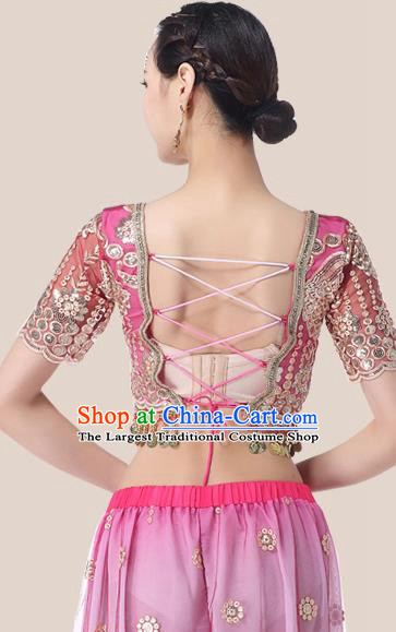 Asian Belly Dance Costume Indian Stage Performance Pink Blouse and Pink Pants Traditional Dance Dress