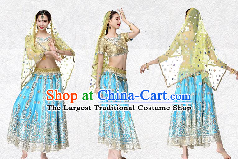 Asian Traditional Bollywood Performance Dress Belly Dance Costume Indian Dance Golden Top and Blue Skirt
