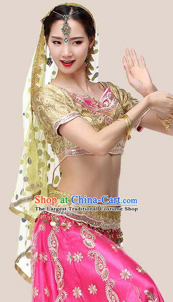 Indian Dance Golden Top and Rosy Skirt Asian Traditional Bollywood Performance Dress Belly Dance Costume