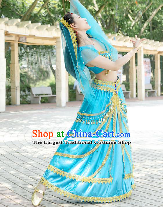 Asian Bollywood Jasmine Princess Clothing Indian Dance Performance Top and Skirt Belly Dance Blue Uniforms