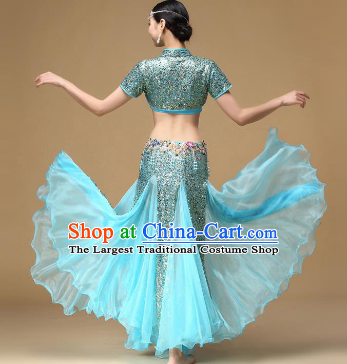 Asian Belly Dance Blue Dress Stage Performance Blue Top and Skirt Indian Oriental Dance Clothing
