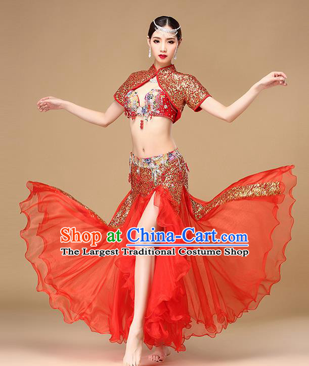 Indian Oriental Dance Clothing Asian Belly Dance Dress Stage Performance Red Top and Skirt