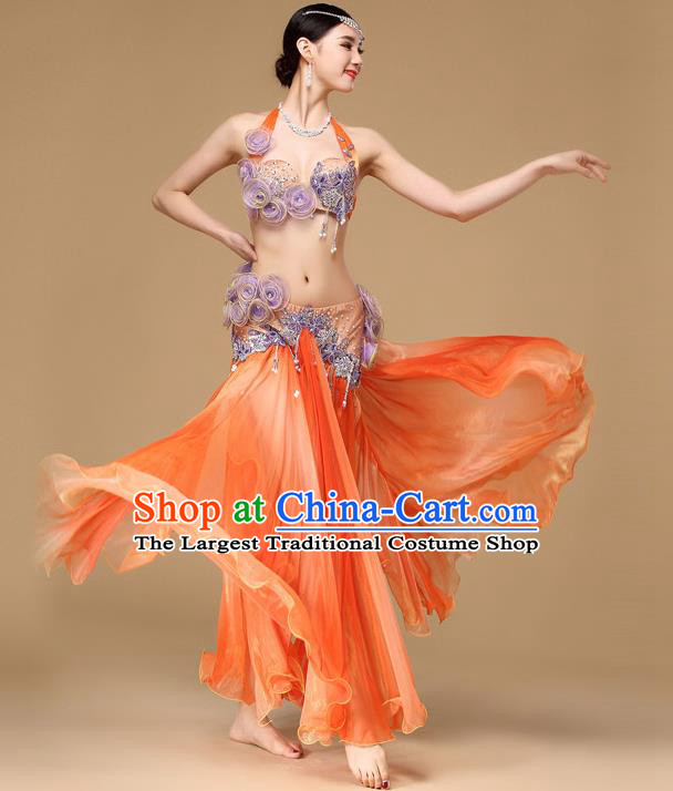 Indian Belly Dance Performance Bra and Orange Skirt Asian Oriental Dance Dress Clothing
