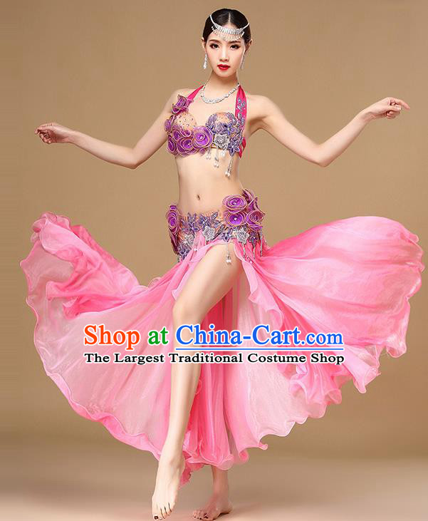 Asian Oriental Dance Dress Clothing Indian Belly Dance Performance Flowers Bra and Pink Skirt