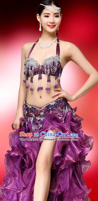Indian Dance Sexy Clothing Asian Belly Dance Performance Bra and Skirt Oriental Dance Purple Uniforms