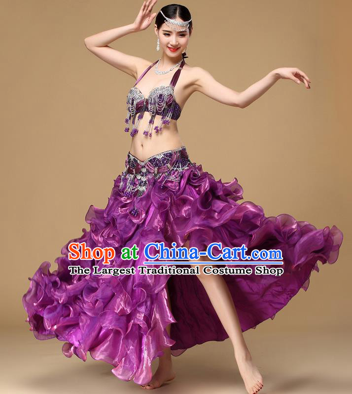 Indian Dance Sexy Clothing Asian Belly Dance Performance Bra and Skirt Oriental Dance Purple Uniforms