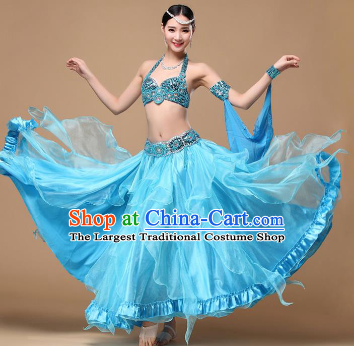 Top Belly Dance Competition Blue Dress Indian Oriental Dance Clothing Asian Stage Performance Bra and Skirt