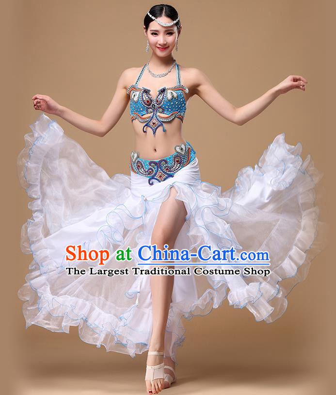 Indian Traditional Stage Performance Blue Bra and Fishtail Skirt Belly Dance Uniforms Asian Oriental Dance Clothing
