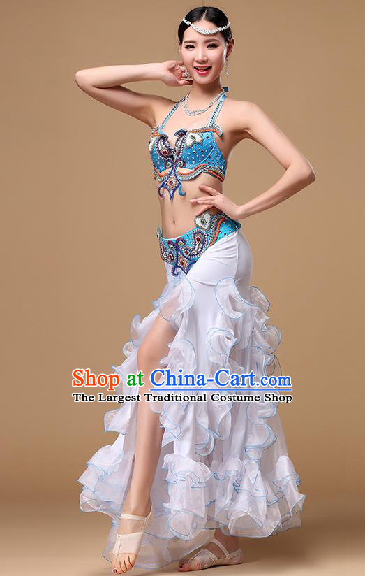 Indian Traditional Stage Performance Blue Bra and Fishtail Skirt Belly Dance Uniforms Asian Oriental Dance Clothing