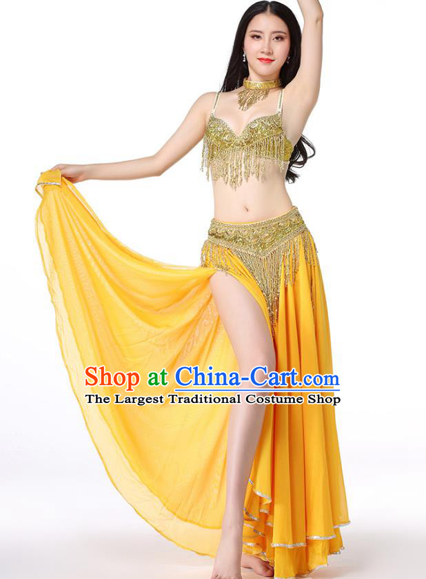 Asian Performance Golden Tassel Bra and Skirt Indian Traditional Belly Dance Uniforms Oriental Dance Costumes