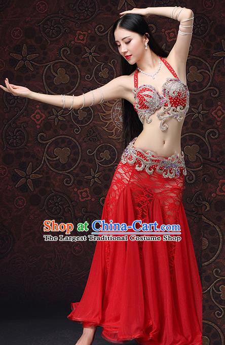 Asian Oriental Dance Uniforms Belly Dance Costumes Indian Raks Sharki Bra and Red Lace Skirt