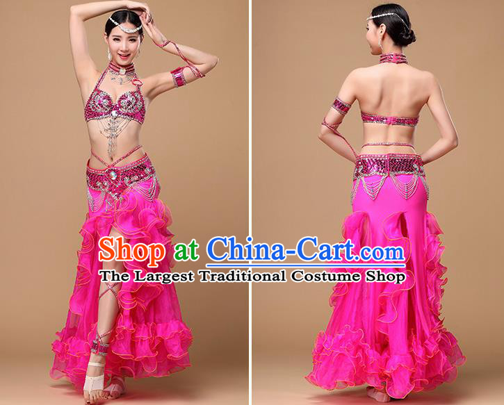 Indian Traditional Belly Dance Rosy Uniforms Asian Oriental Dance Costumes Performance Beads Tassel Bra and Skirt