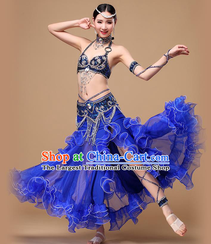 Asian Oriental Dance Costumes Indian Performance Beads Tassel Bra and Skirt Traditional Belly Dance Royalblue Uniforms
